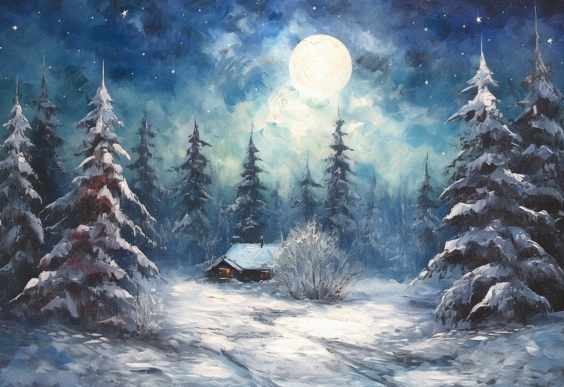 冬天的夜晚晚上天空满月圆月月亮照射在白雪覆盖的森林房屋和松树上背景插画,插画/手绘图,插画/手绘图库,插画/手绘图下载,插画/手绘